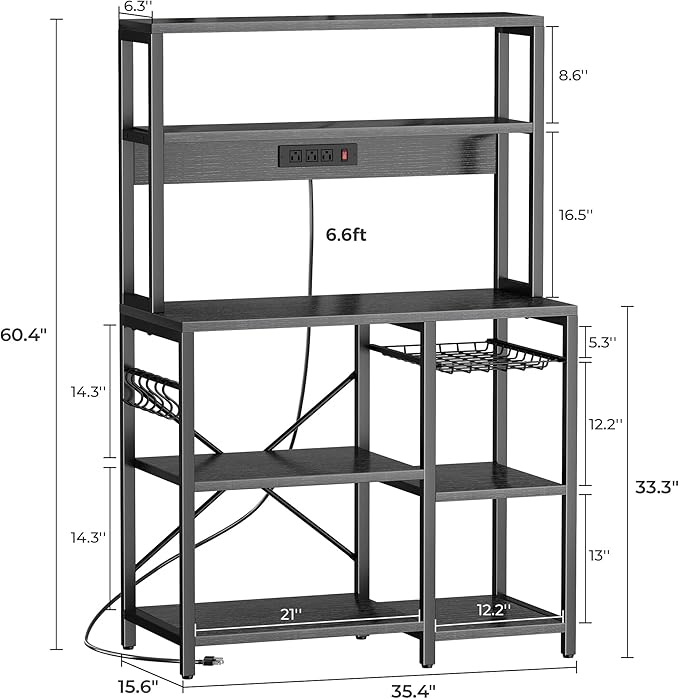 SUPERJARE Bakers Rack with Power Outlet, 35.4 Inches Coffee Bar with Wire Basket - Image 3