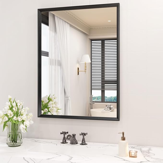 30x36 Inch Bathroom Mirror, Matte Black Framed Rectangle, 4MM Tempered Glass by JISOSO