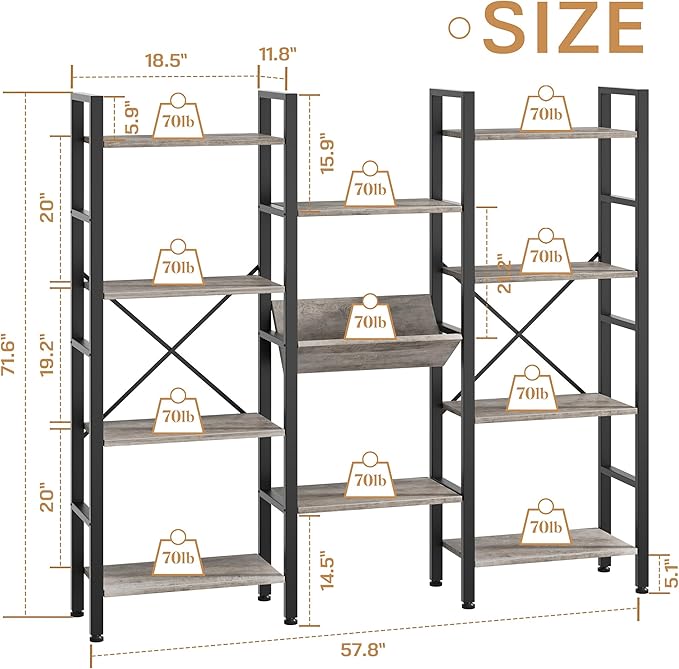 Shintenchi Industrial Bookcase, 71.6” Triple 4 Tier Bookshelf - Image 2