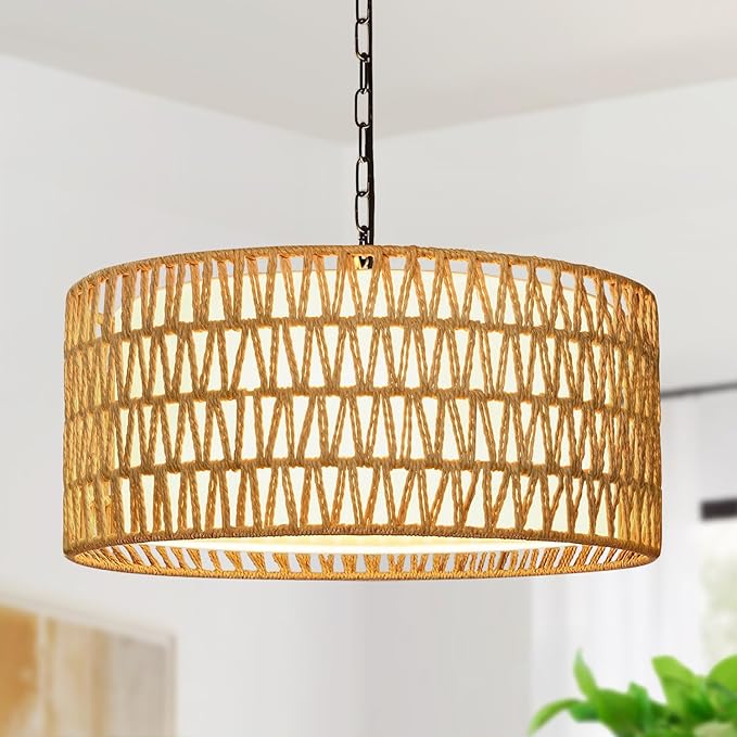 Farmhouse Chandeliers for Dining Room, Hand Woven 5-Light Rattan Pendant Light by BringBrightnesstoYourLife