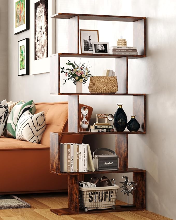 Yusong Bookshelf 5-Tier, Geometric Bookcase S Shaped Book Shelves - Image 2