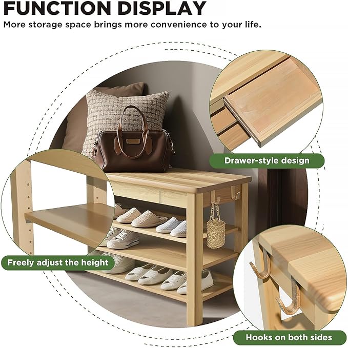 Wood Shoe Bench Entryway with Drawer: 3-Tiers Wooden Storage Shoe Rack with - Image 3