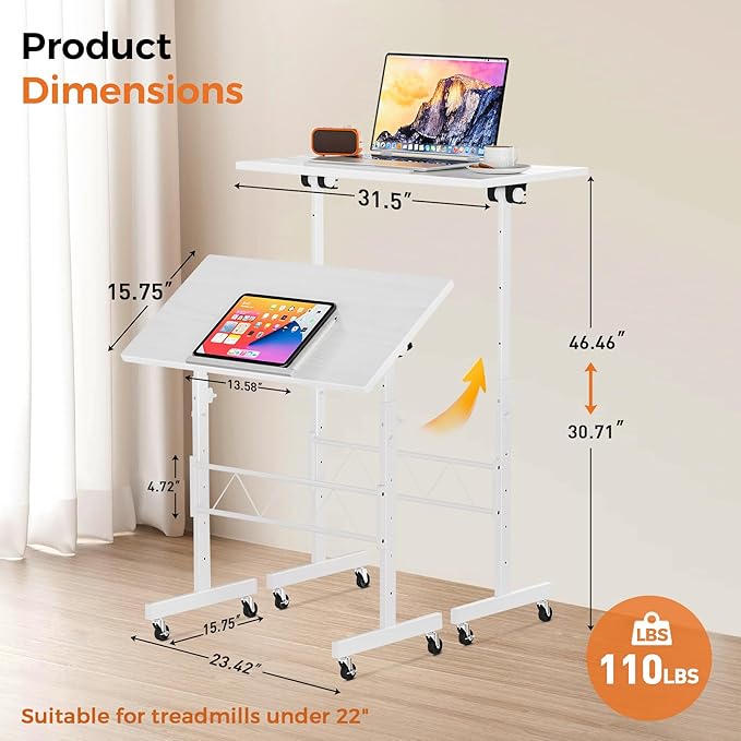COMHOMA Small Standing Desk Adjustable Height & Tiltable Tabletop, Mobile Stand - Image 2