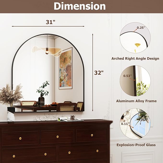 31"x32" Arched Wall Mirror for Bathroom, Living Room, Decorative Hanging Mirror - Image 6