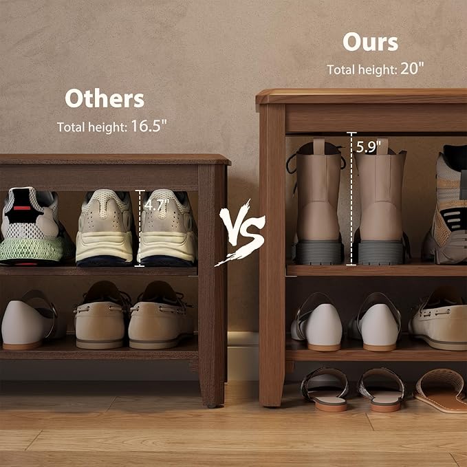 Wood Shoe Rack Bench for Entryway, 2 Tier Shoe Rack for Front Door Entrance - Image 3