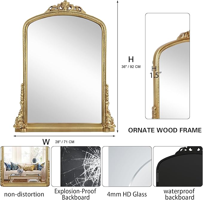 Traditional Ornate Arch Wall Mirror Vintage Fireplace Mirror Mantel Decor - Image 2