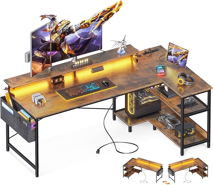 ODK 66 Inch Gaming Desk with USB Charging Ports and LED Lights, Reversible L by ODK