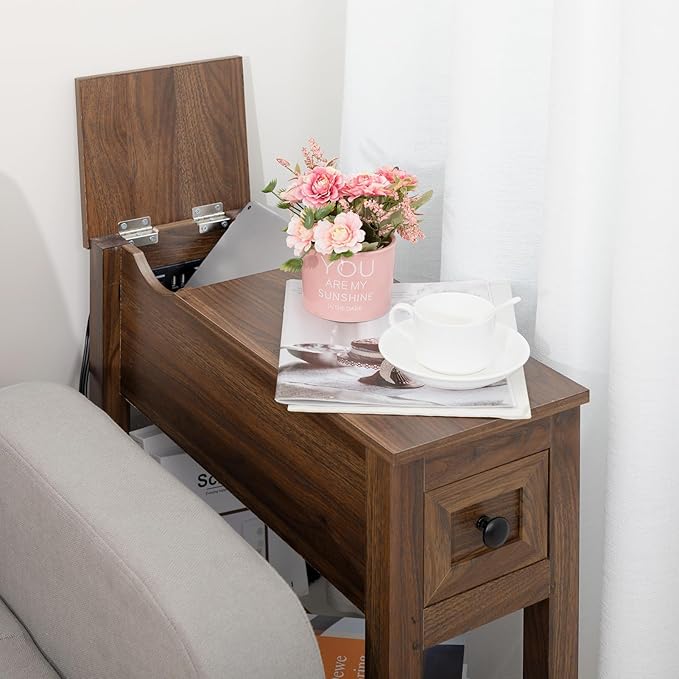 End Table with Movable Top and Charging Station, Narrow Side Table with Storage - Image 4