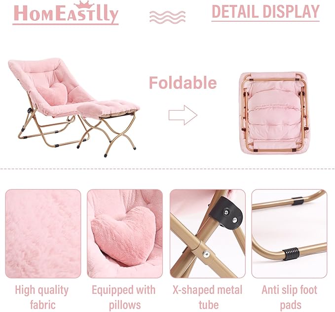 Comfy Saucer Chair with Ottoman, Oversized Folding Faux Fur Chair Soft Furry - Image 4