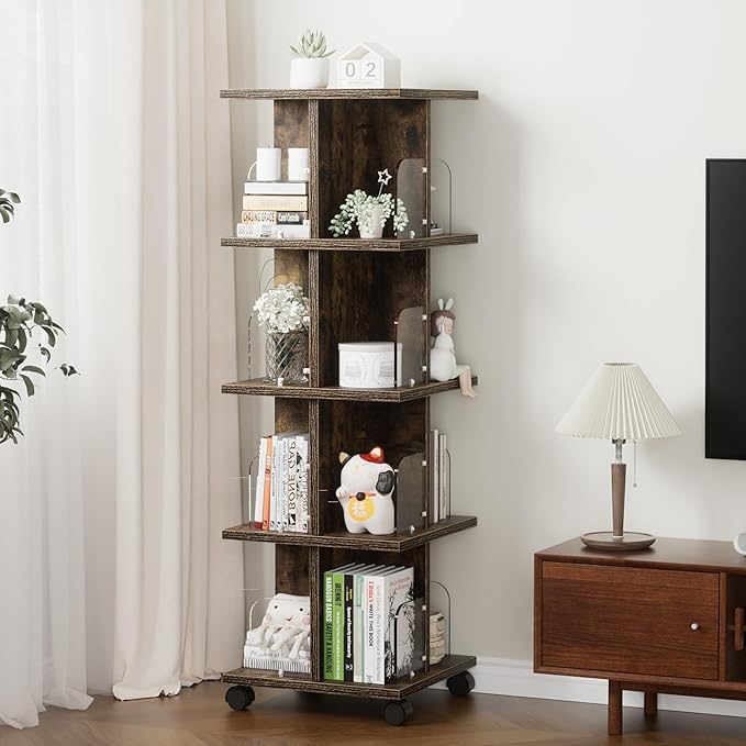 VECELO Rotating Bookshelf with Brake Wheels, 360°Display 4 Tier Floor Stackable - Image 6