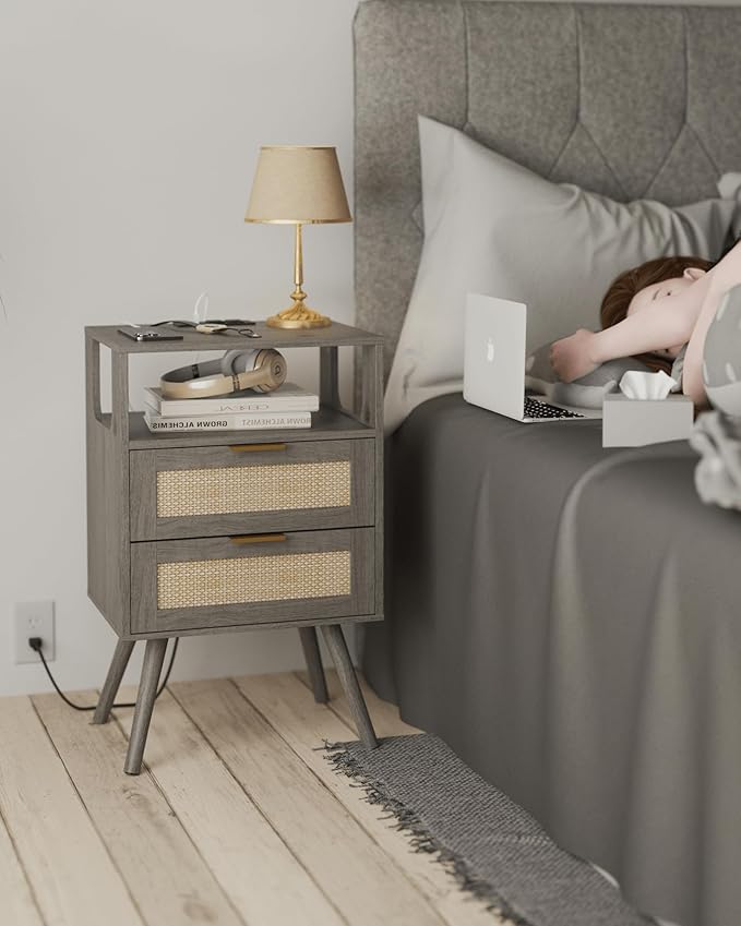 Rattan Nightstand with Charging Station, Modern Bedside Table with 2 Storage - Image 5