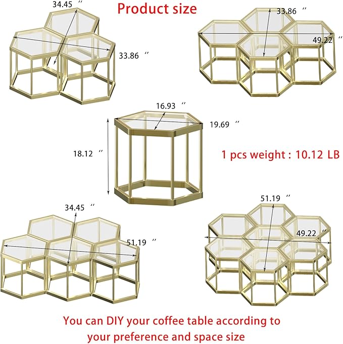 Gold Glass Coffee Table Modern Glass Center Table, Hexagon Free Combination - Image 2