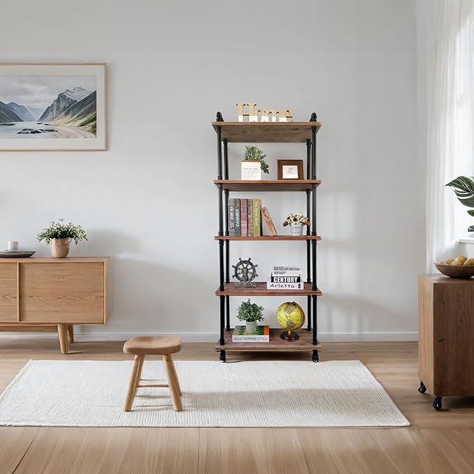 Industrial Bookshelves, Wood Pipe Bookshelf, 5 Shelf Rustic Display Storage - Image 10