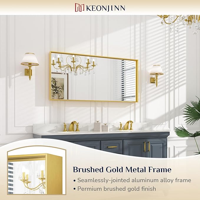 Keonjinn Gold Bathroom Mirrors for Wall 48 x 24 Inch Brushed Gold Frame - Image 6