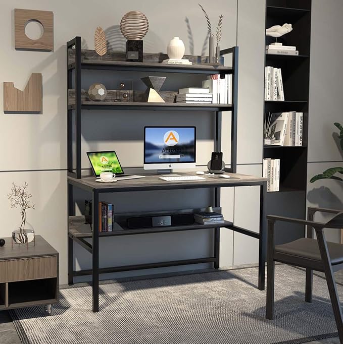 Aquzee Desk with Hutch Bookshelves, Computer Desk with 3 Tiers Storage Shelves - Image 2