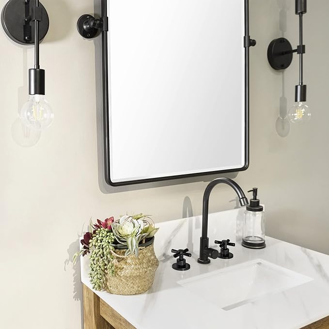 Farmhouse Pivot Rectangle Bathroom Mirror Black Metal Framed Tilting Beveled - Image 7