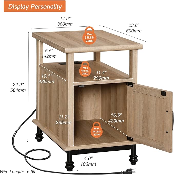 WAMPAT Oak End Table with Charging Station, Sofa Side Table with Storage Cabinet - Image 2