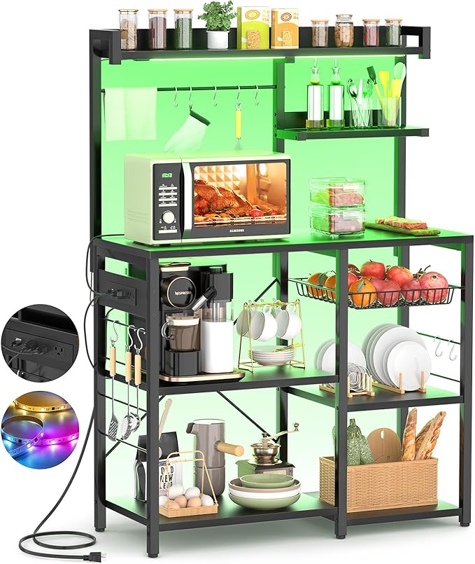 Aheaplus Bakers Rack with Power Outlet and LED Light Strings, Microwave Oven by Aheaplus