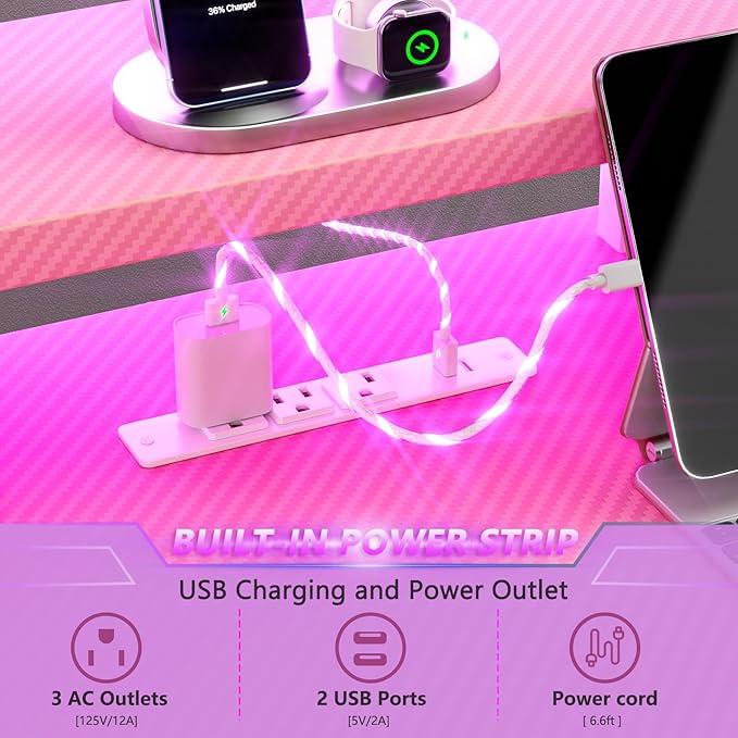 40 Inch Pink Gaming Desk with Power Outlet & LED Lights, Corner Computer Desk - Image 5