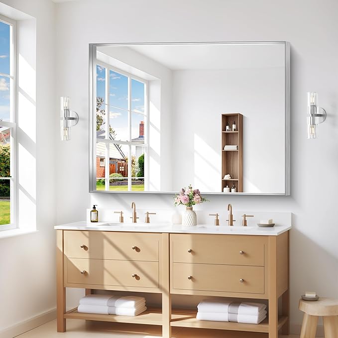 Silver Bathroom Mirror, 36x48 Inch Rectangular Deep Frame Mirror, Large Wall - Image 2