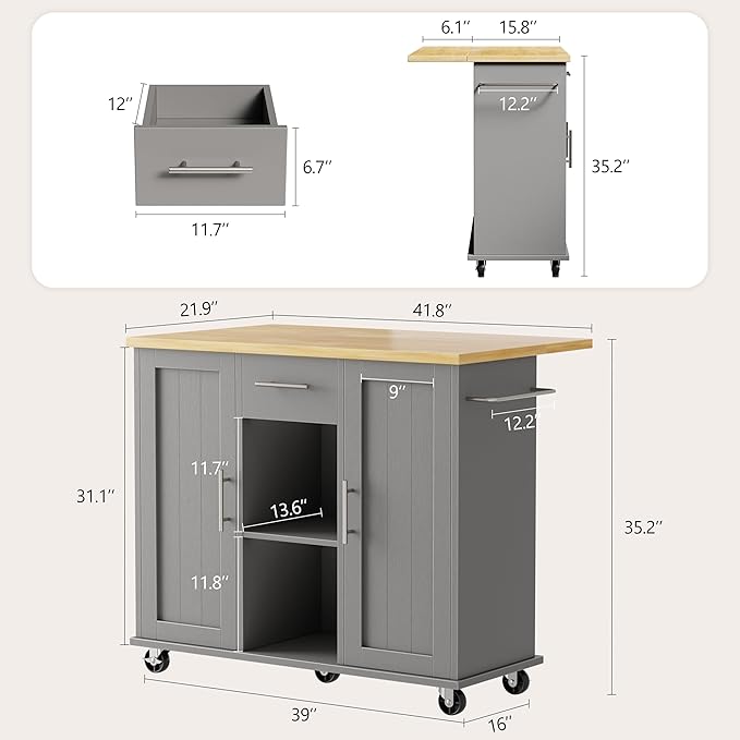 Shintenchi Kitchen Island with Storage, Bar Cart Cabinet Island Table on Wheels - Image 3