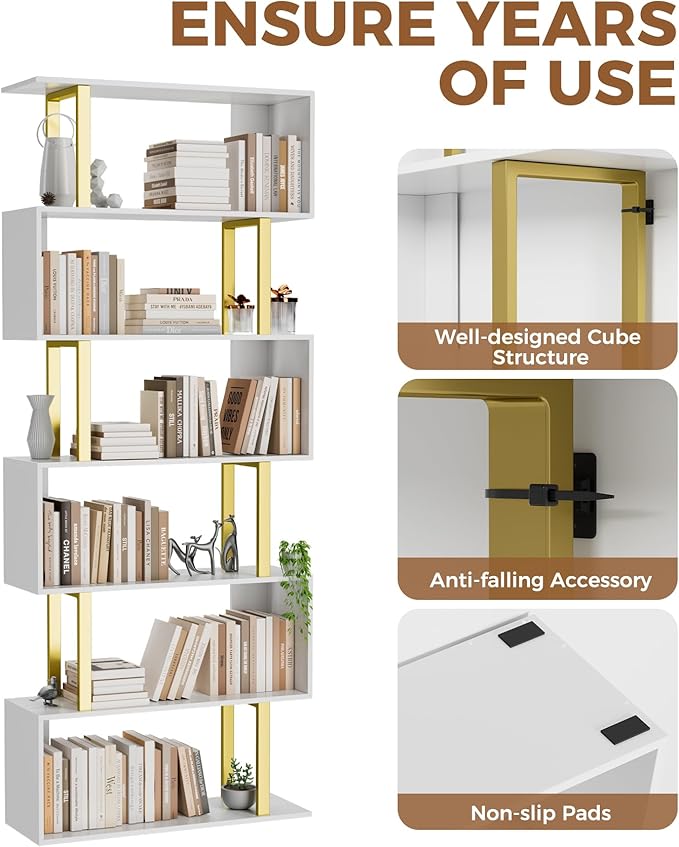 Gadroad 6-Tier Geometric Bookcase, S Shaped Bookshelf, Wood Decorative Storage - Image 6