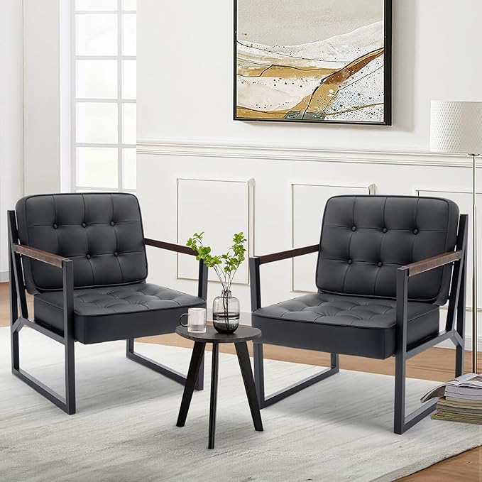 COLAMY Black Leather Accent Chair, Accent Arm Chair - Image 3