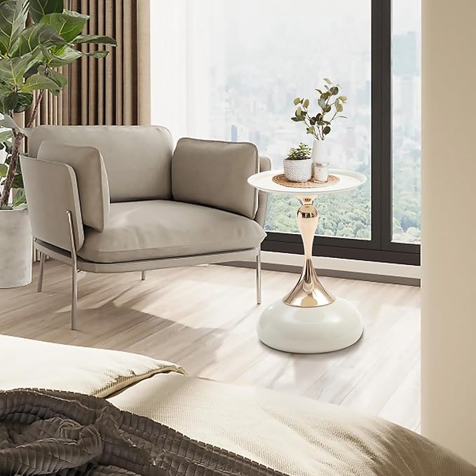 White Pedestal Side Table for Small Spaces, Metal Round Unique End Tables - Image 2
