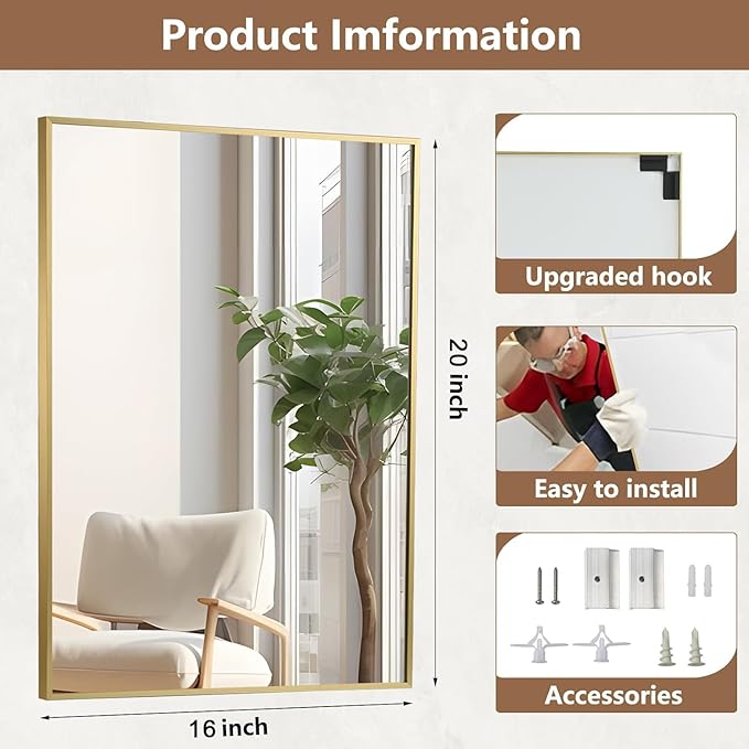 Gold Bathroom Mirror, Brushed Gold Mirror, Metal Frame Square Corner Vanity - Image 5