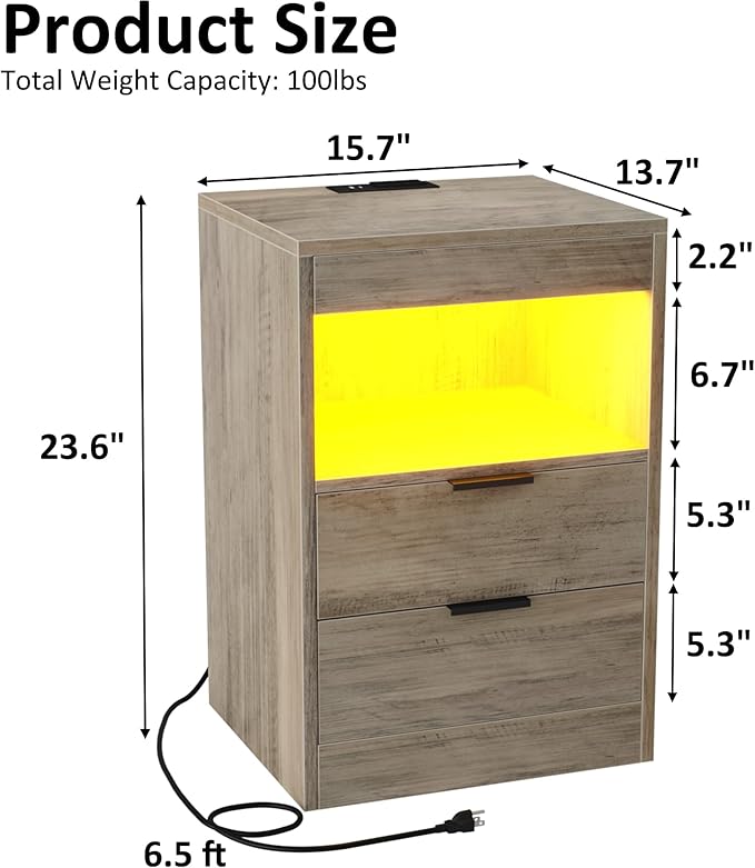 Gadroad LED Nightstand with Charging Station, Bedside Table with 3 Drawers and - Image 2