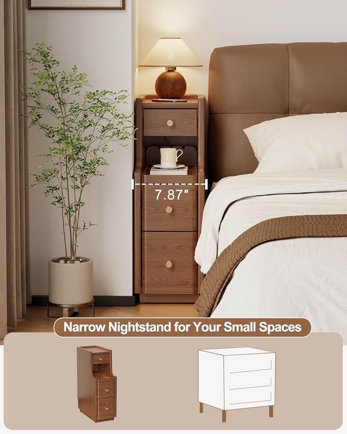 Narrow Nightstand with 3 Drawers, Solid Wood Small Nightstand Walnut, Modern - Image 5