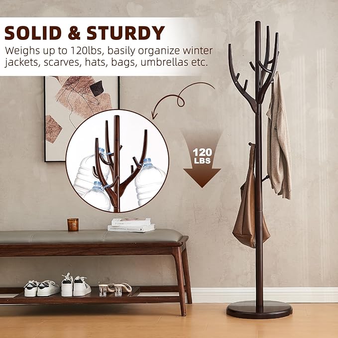 Uniclinens Coat Rack Freestanding Solid Wood Coat Tree Standing - Image 4