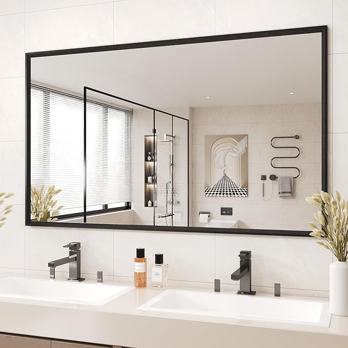 Rectangle Bathroom Mirror 60x36 Inch, Matte Black Framed, 4MM Tempered Glass - Image 2