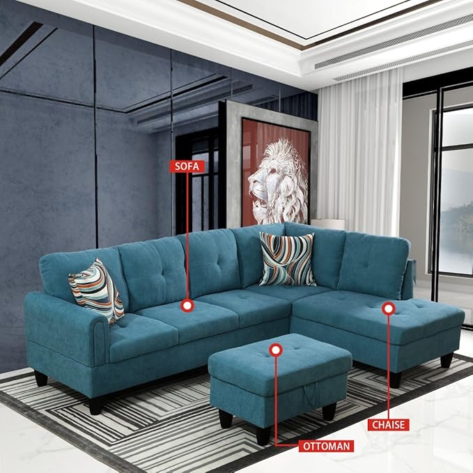 Green L-Shaped 3-Piece Flannel Sofa - Image 3