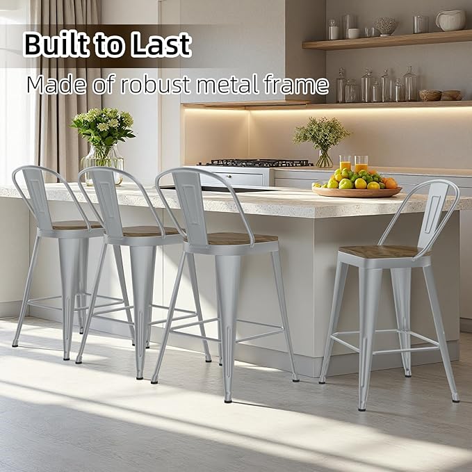 Metal Bar Stools Set of 4, High Back Bar Stools - Image 7