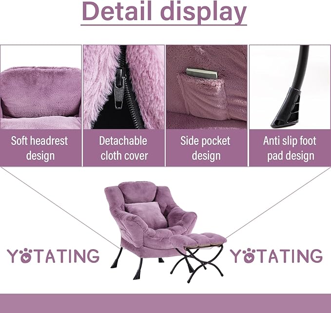 Lazy Chair with Ottoman, Comfy Reading Lounge Chair with Footstool & Throw - Image 4