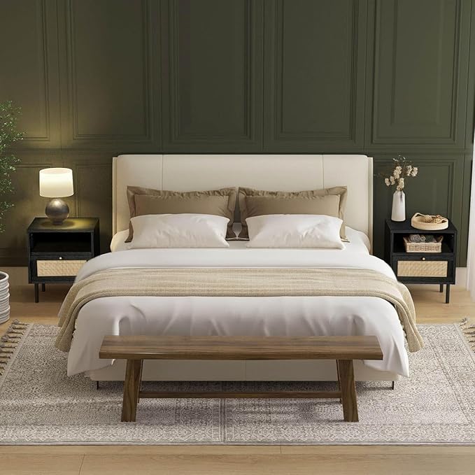 Rattan Night Stand Set 2, Boho Bedside Table Black Nightstand - Image 3
