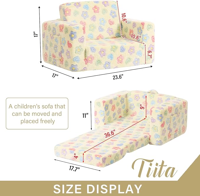 Tiita 2-in-1 Kids Sofa, Convertible Children Couch to Lounger, Flip Out Kids - Image 3
