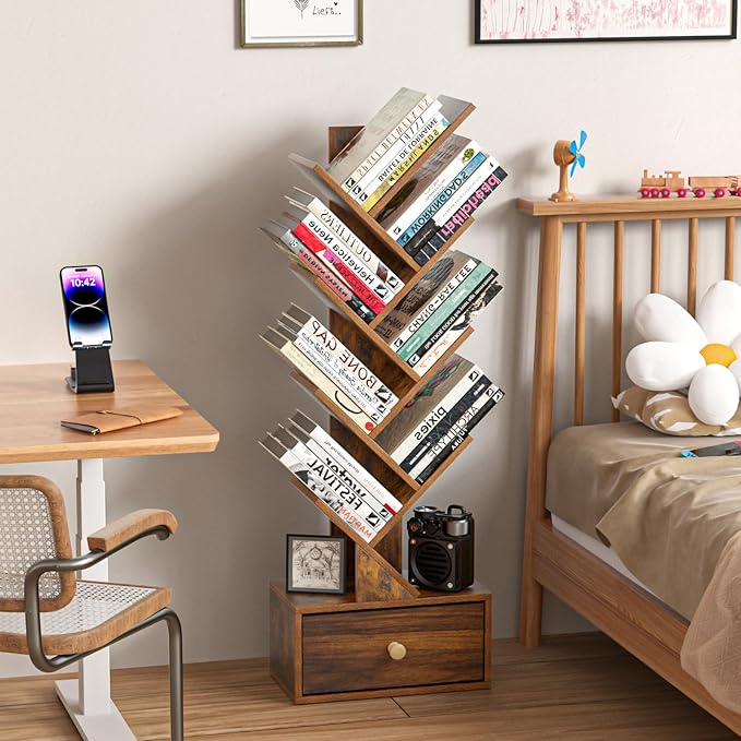 8 Tier Tree Bookshelf with Drawer, Free Standing Wood Bookcase - Image 2
