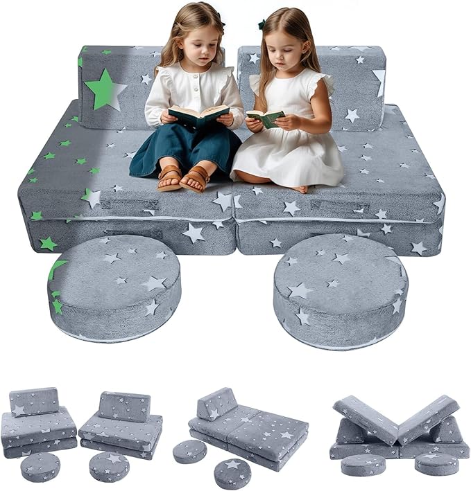 MeMoreCool 8-Piece Kids Modular Play Couch — Glow-in-The-Dark Star Foam Sofa Set by MeMoreCool
