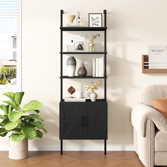 Yusong 73" Tall Bookshelf with Cabinet, Industrial Ladder Wall Mount Shelf - Image 2