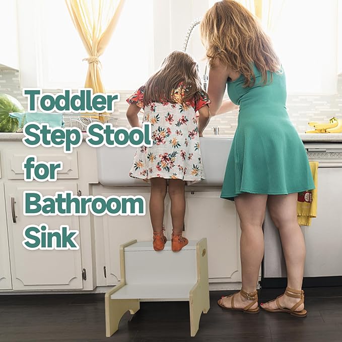 WOOD CITY Kids Step Stool for Toddler, Wooden Natural-White Patchwork Two Step - Image 6