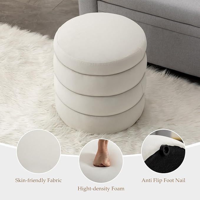Furniliving Modern Round Ottoman, Soft Bedroom Ottoman Footstool Round Ottomans - Image 4