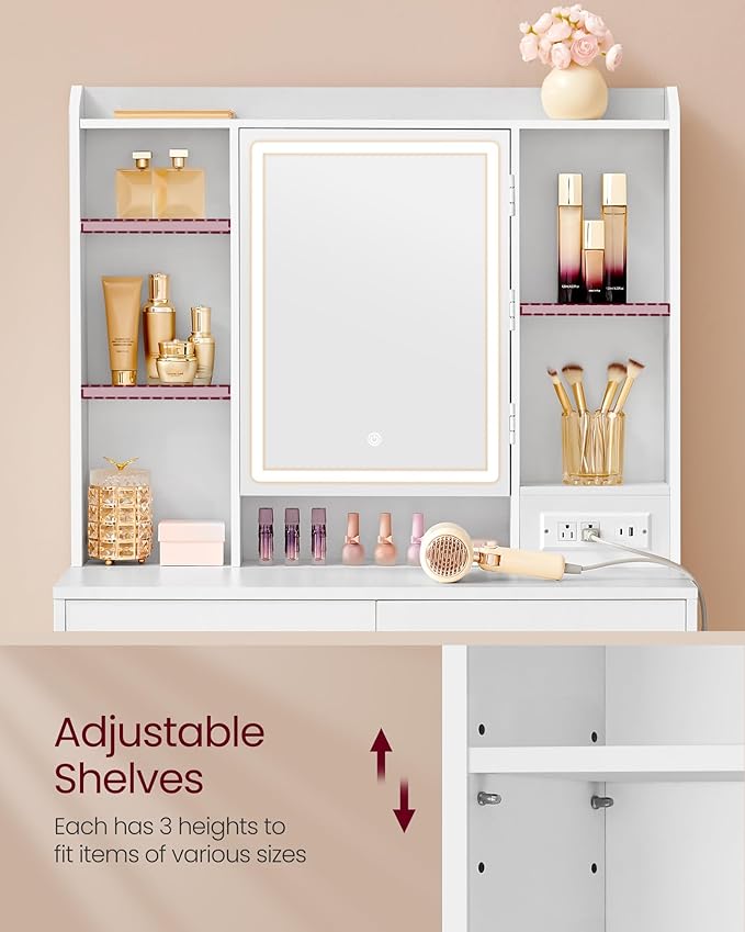 VASAGLE Vanity Desk with Power Outlets, Makeup Vanity with Mirror and Lights - Image 8