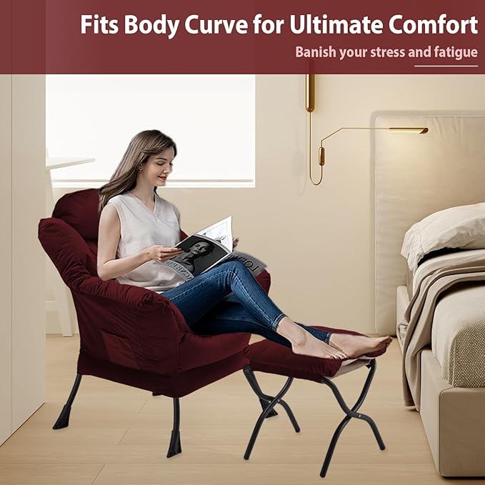 Lazy Chair with Folding Ottoman, Accent Chair Velvet Upholstered with Metal - Image 5