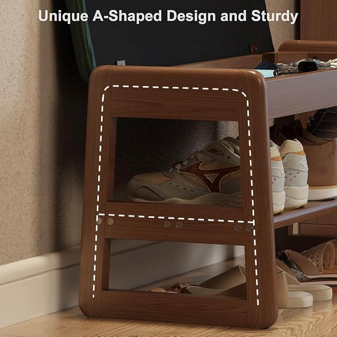 Small Shoe Bench with Leather Cushion, 2 Tiers Shoe Rack Bench with Flip-Top - Image 7