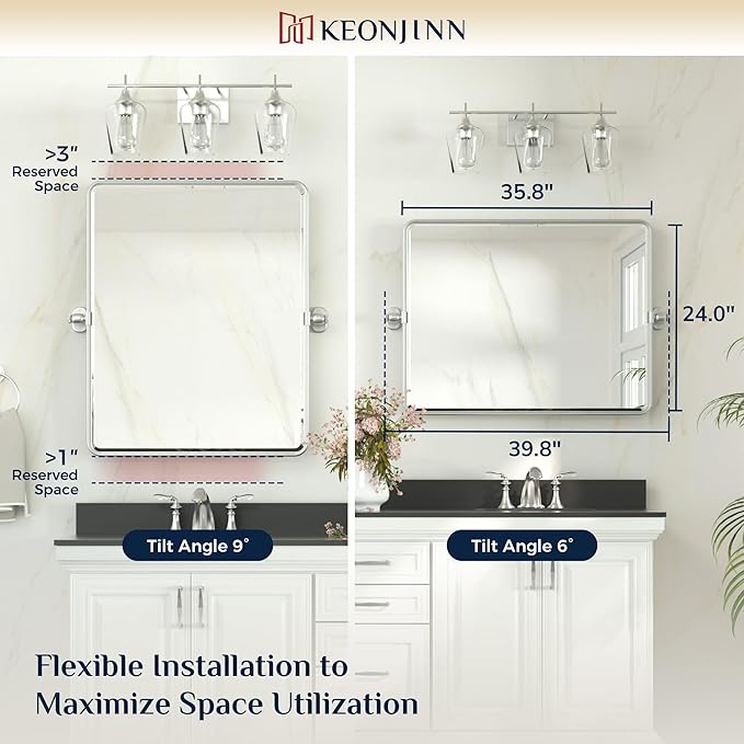 Keonjinn 24 x 36 in Silver Pivot Mirror, Satin Nickel Beveled Tilt Mirror - Image 5