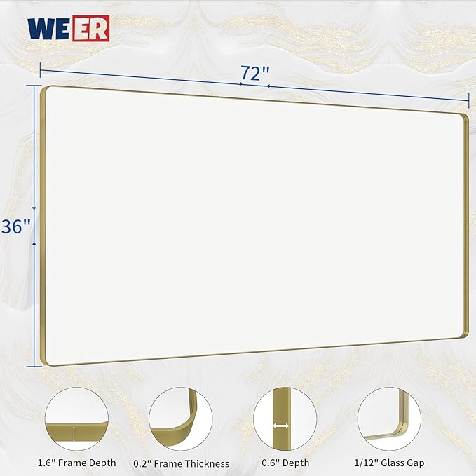 WEER Gold Bathroom Mirror, 72X36 Inch Brushed Gold Metal Frame Mirror, Rounded - Image 6
