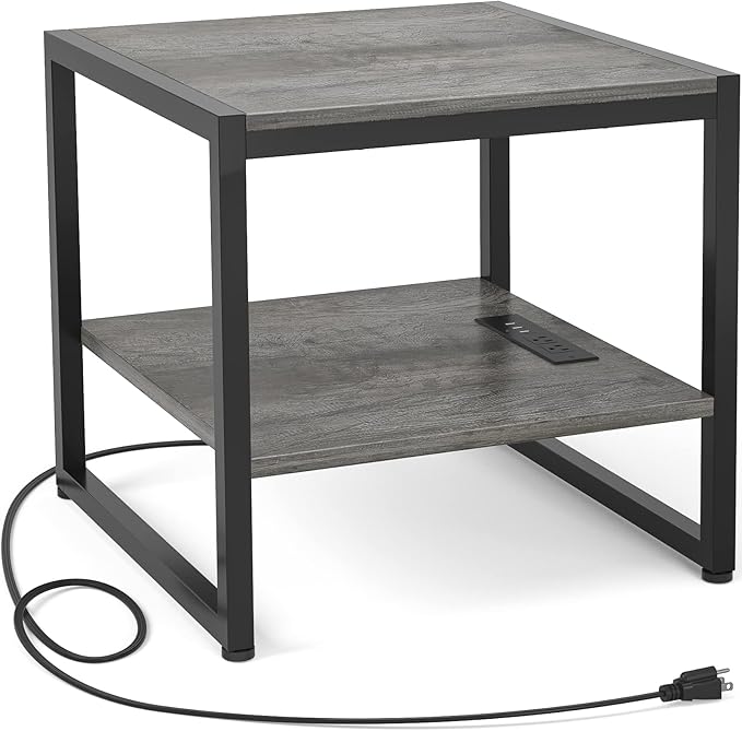 Homieasy End Table with Charging Station, 20 Inch Mini Fridge Stand with 2-Tier by Homieasy