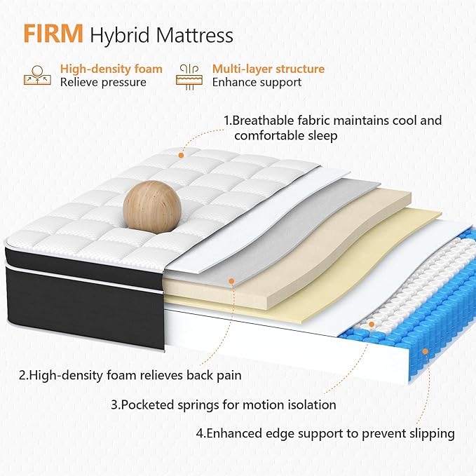 Firm King Size Mattress, 12 Inch Hybrid King Bed Mattress - Image 3